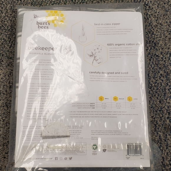 BURTS BEES Gray and White Striped Baby Beekeeper Swaddling Blanket Wrap Medium. - Picture 4 of 6